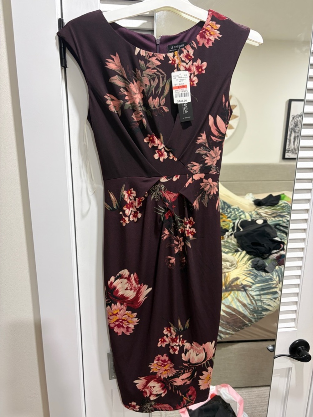 le chateau Burgundy Floral Midi Sheath Dress